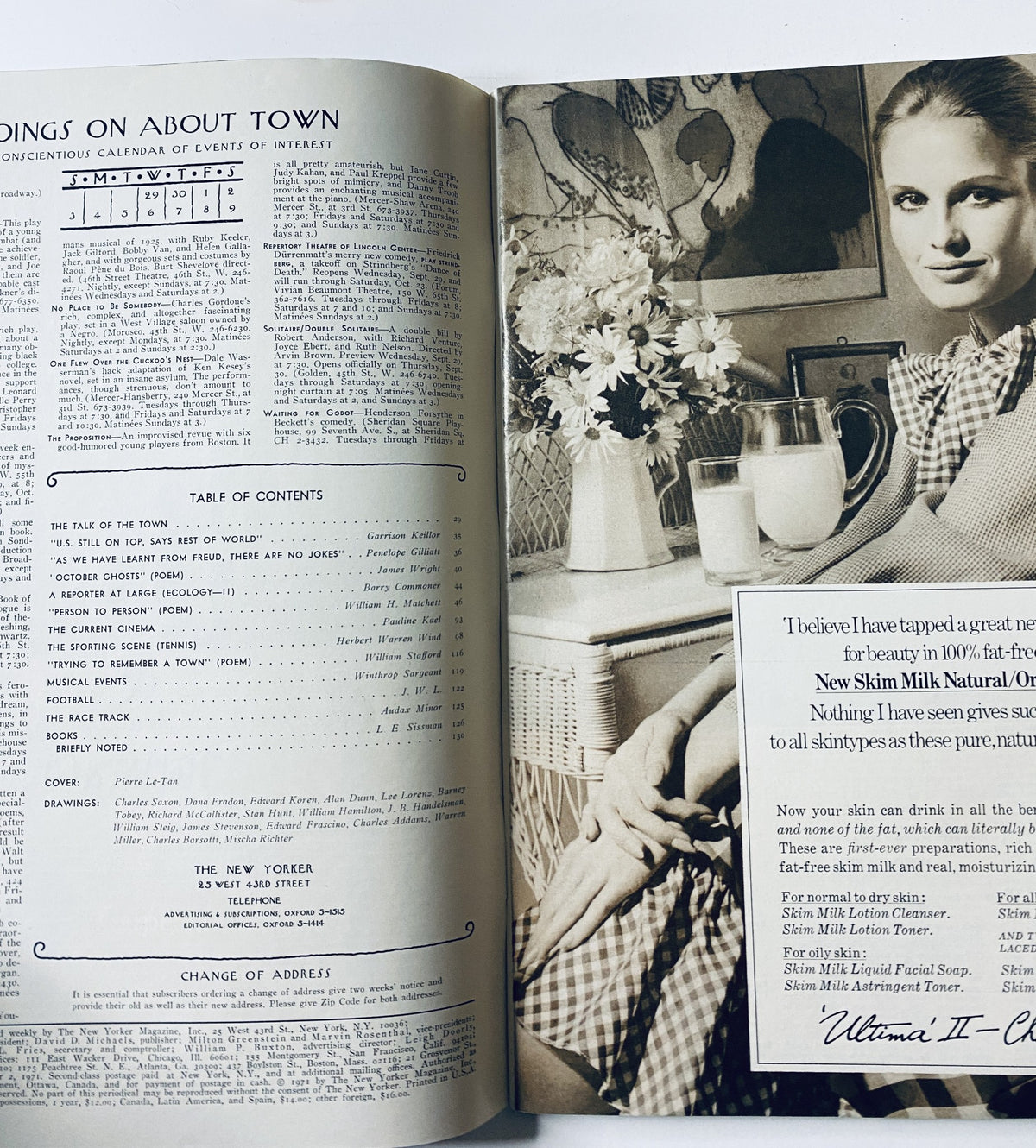 The New Yorker Magazine October 2, 1971 featuring a cozy reading scene with a woman enjoying a drink by a table adorned with flowers, capturing the essence of its time. In very good condition, showcasing light edge wear.
