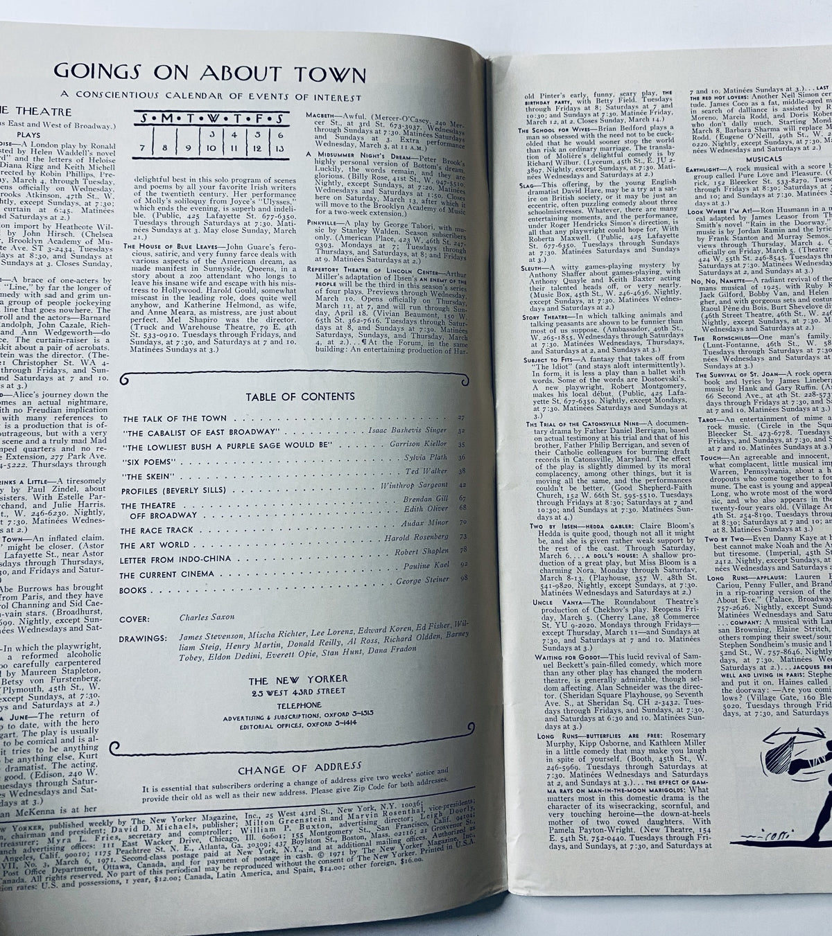 Inside page of The New Yorker Magazine March 6, 1971, featuring the Table of Contents and events calendar with a list of articles and authors.