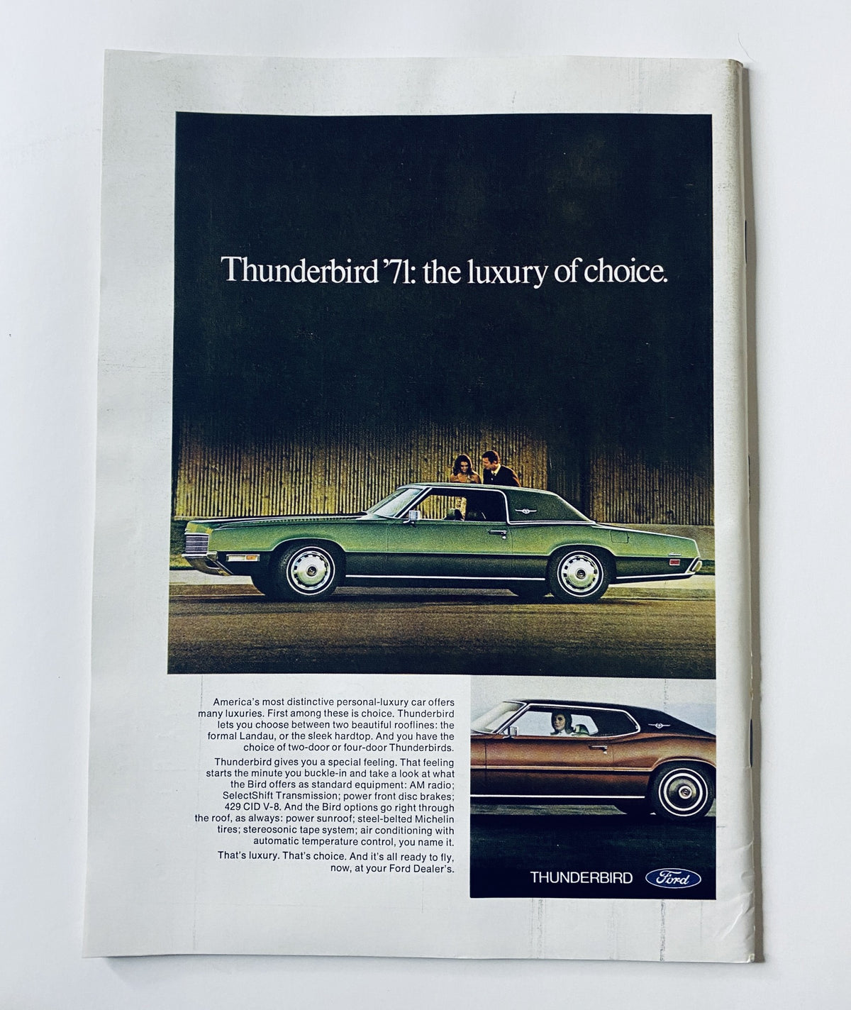 Back cover advertisement from The New Yorker Magazine March 6, 1971, promoting the Thunderbird '71 luxury car with a stylish image.