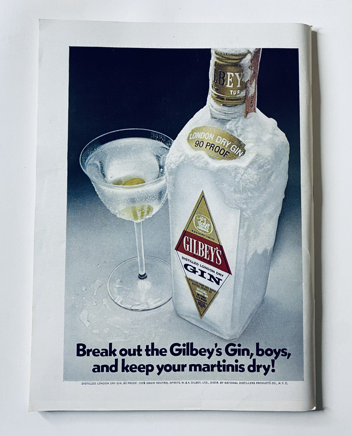 Advertisement page in The New Yorker Magazine November 6, 1971 featuring Gilbey's Gin with a frosty bottle and a classical cocktail glass, promoting the drink with a catchy tagline.