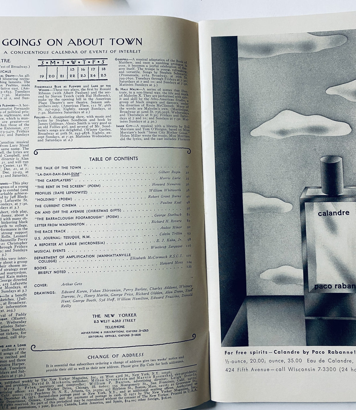 Interior spread of The New Yorker Magazine from December 18, 1971, displaying the Table of Contents and an advertisement for Calandre by Paco Rabanne.