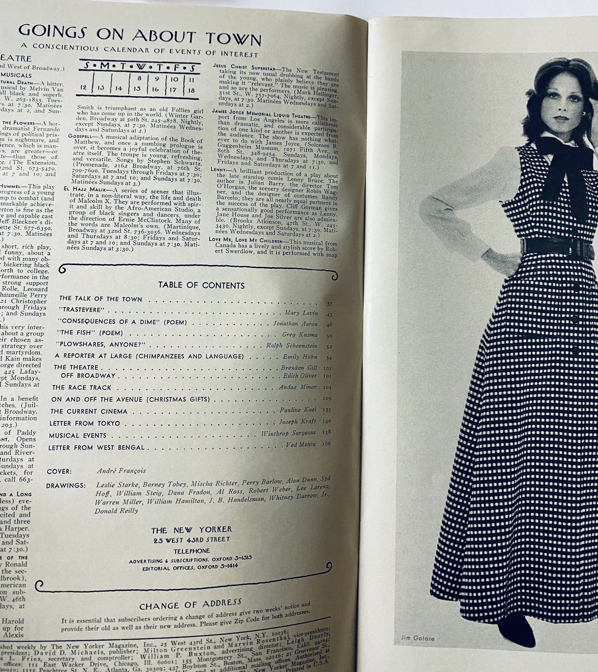 Inside page of The New Yorker Magazine December 11, 1971, displaying the Table of Contents and a portrait of a woman in a stylish outfit.
