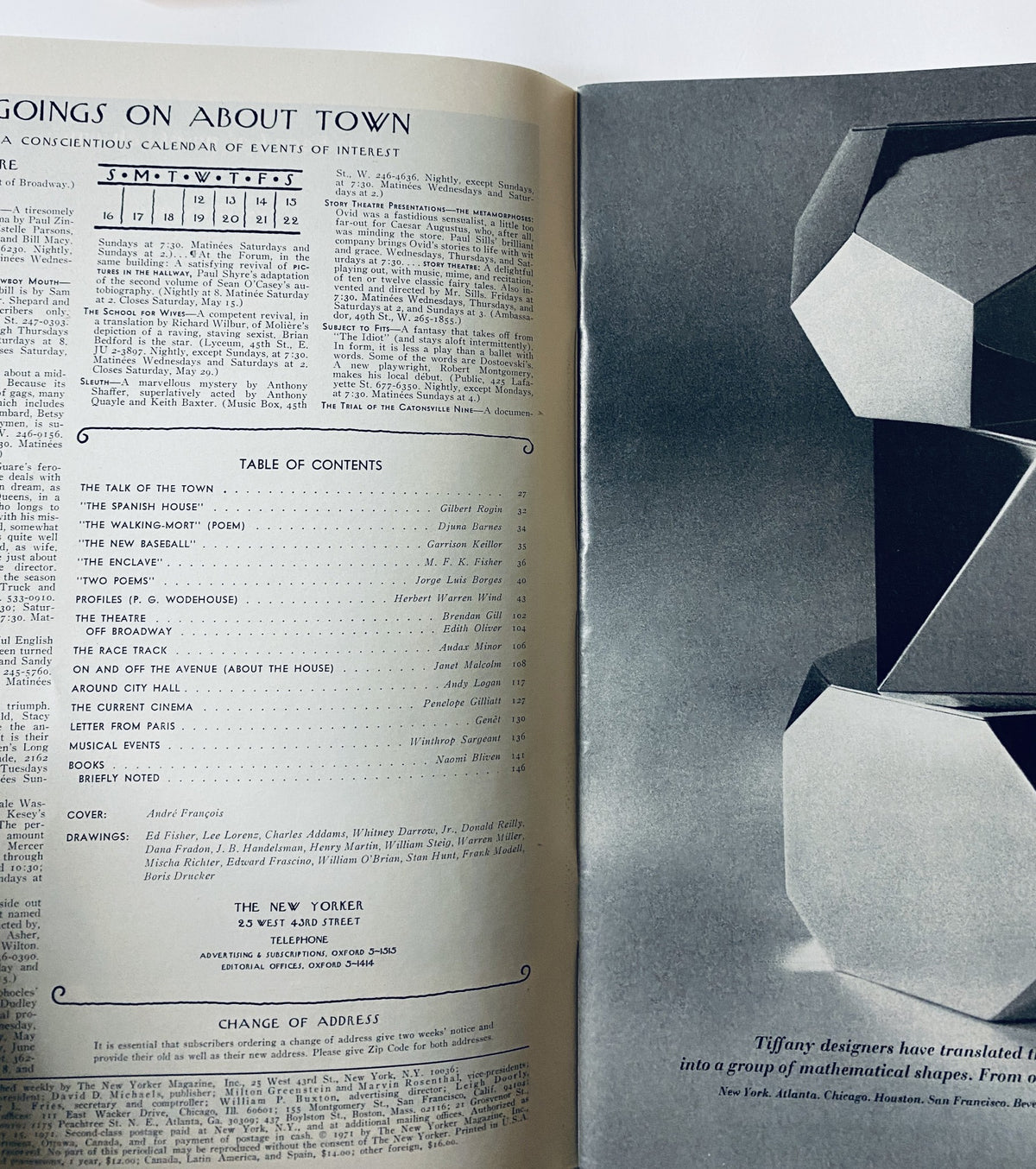 Interior page of The New Yorker Magazine, May 15, 1971, featuring a table of contents and advertisements, showcasing André François Bedroom Moon cover art.