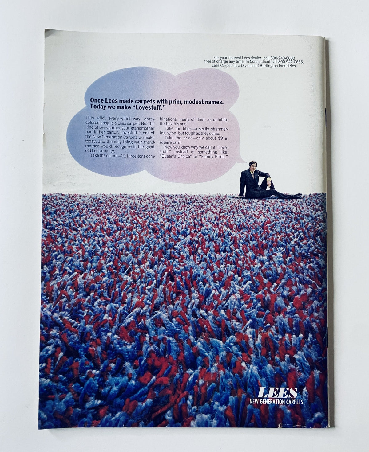 Advertisement for Lees New Generation Carpets featured in The New Yorker Magazine, May 15, 1971, emphasizing modern carpet designs with a colorful backdrop.