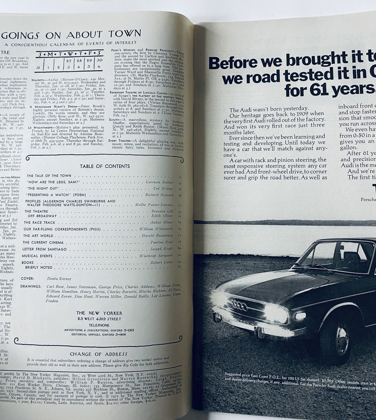 Inside page of The New Yorker Magazine January 30, 1971 displaying the table of contents and a vintage Audi advertisement.