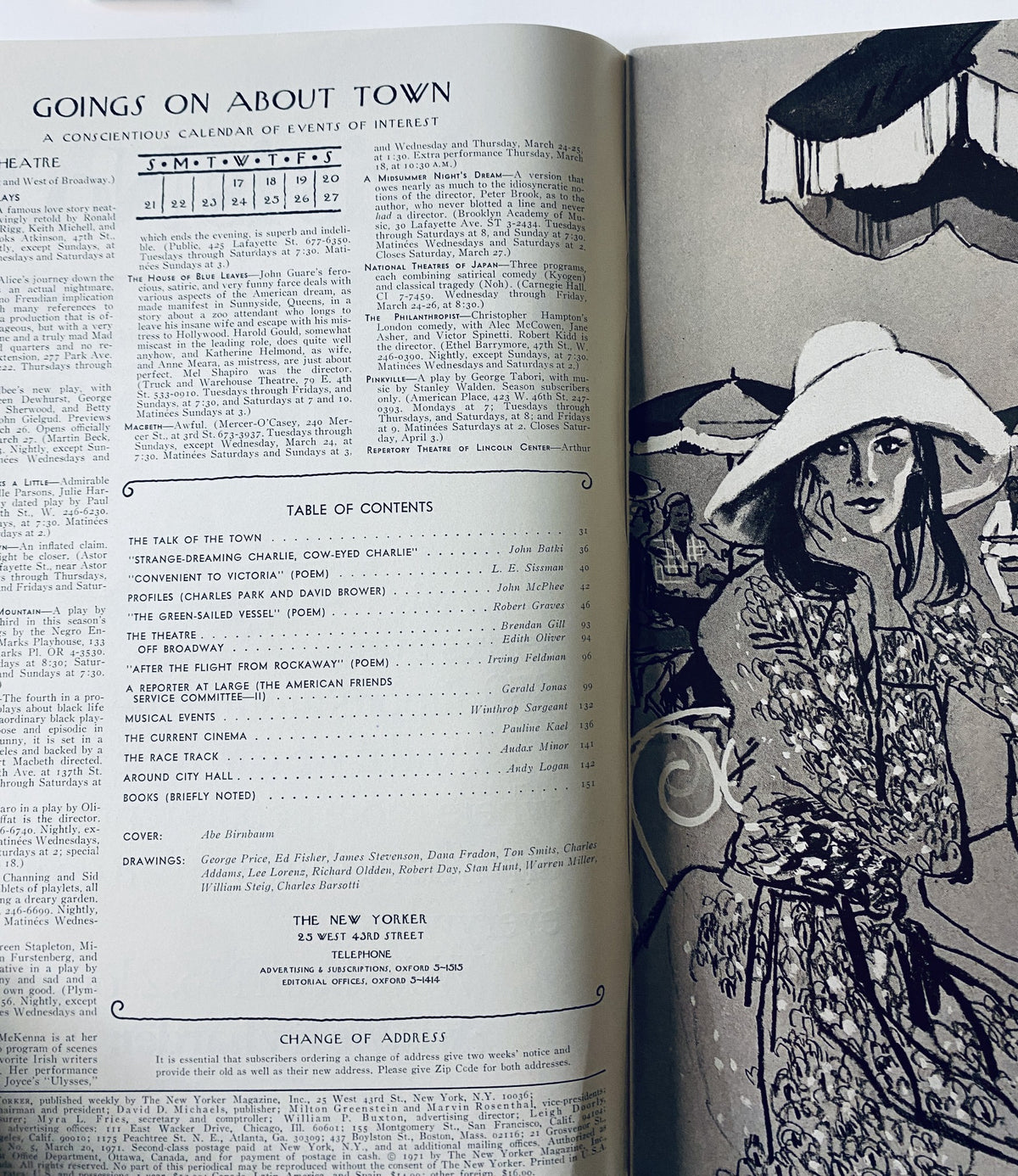 Inside spread of The New Yorker Magazine March 20, 1971 showing the contents page and an illustration, highlighting events and articles of interest.