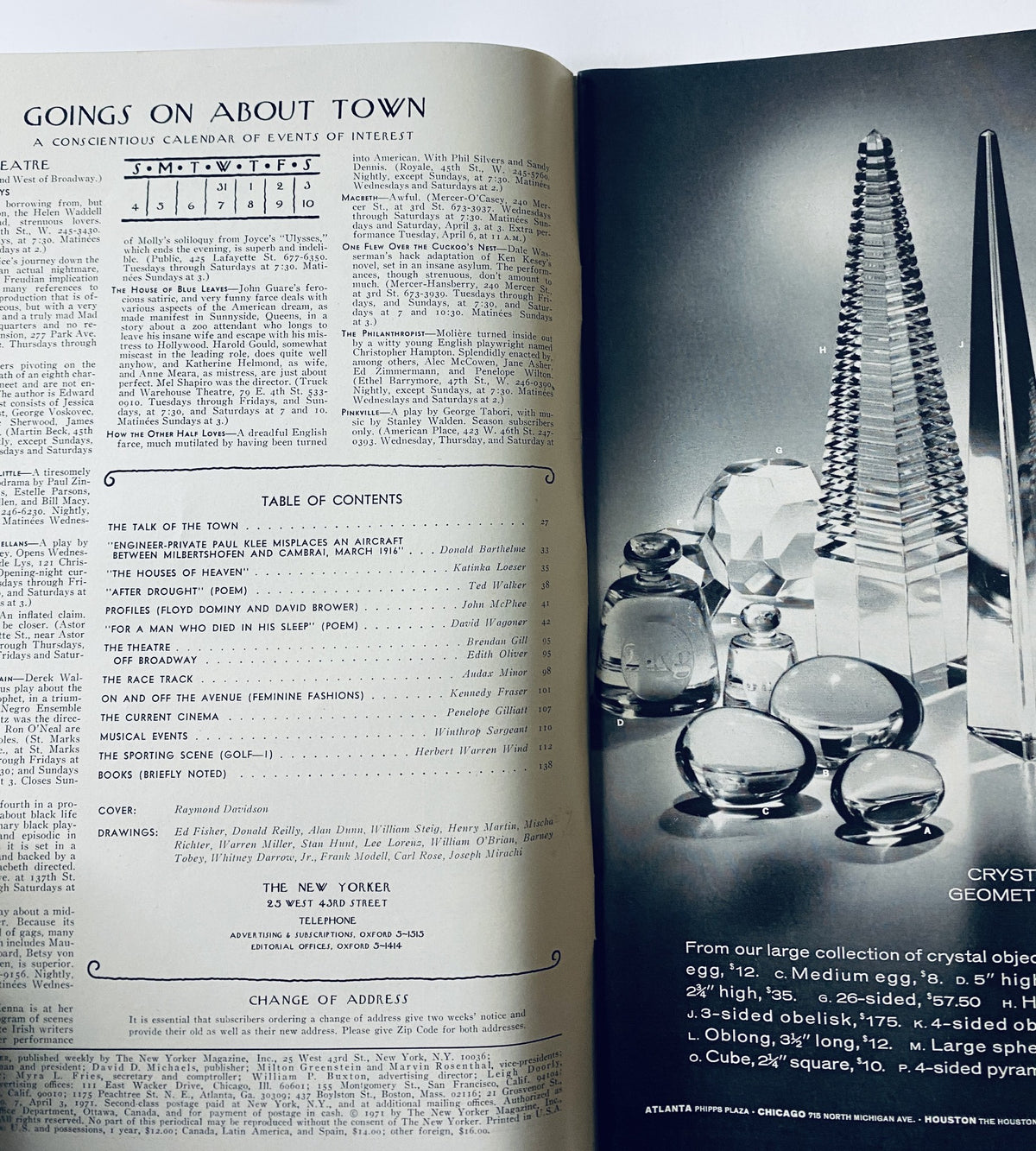 Inside page of The New Yorker Magazine April 3, 1971 featuring the Table of Contents and events calendar. The magazine is in very good condition, showcasing content details relevant to the issue.