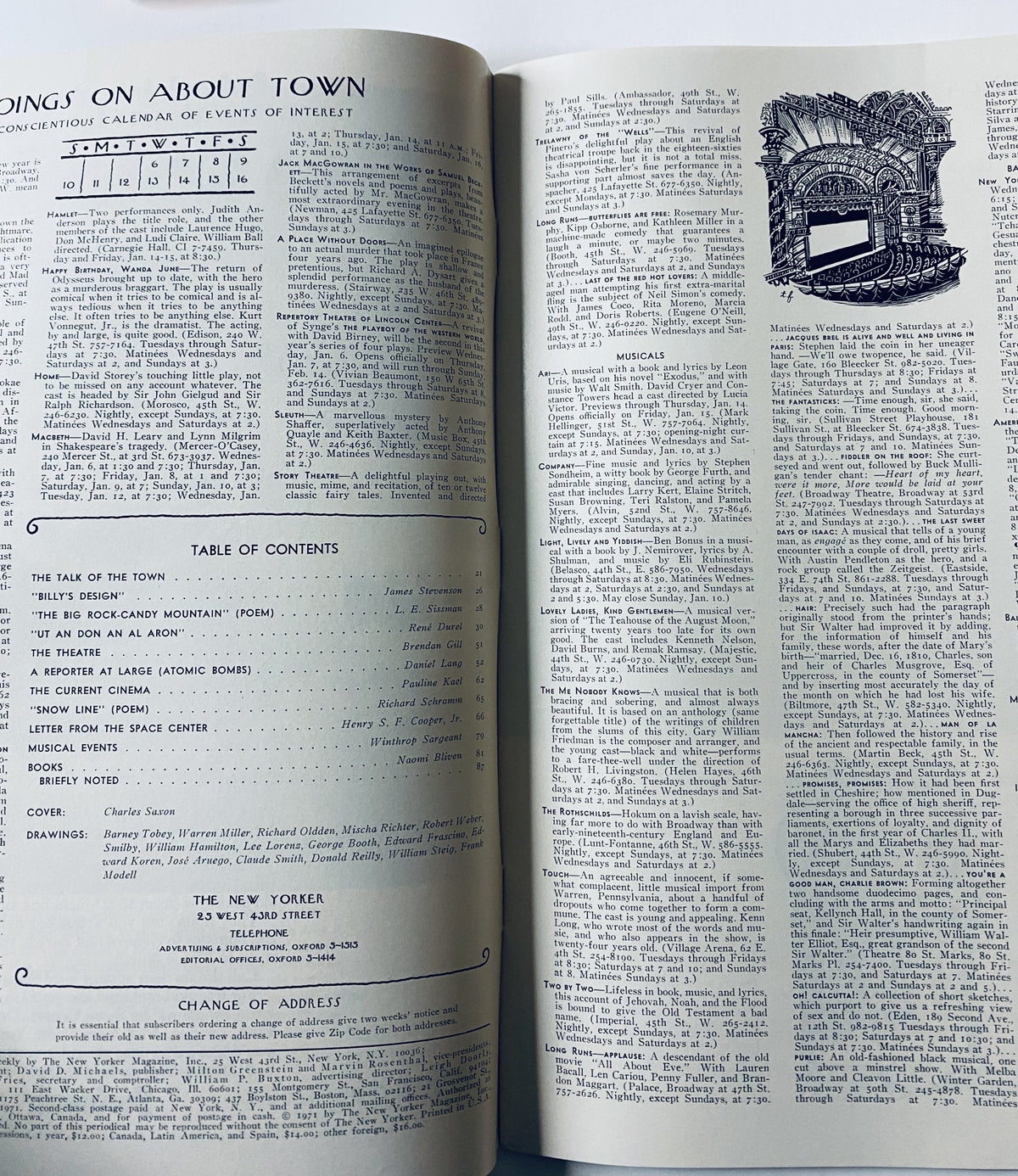 Inside page of The New Yorker Magazine January 9, 1971, showcasing the Table of Contents including sections and articles such as THE TALK OF THE TOWN and A REPORTER AT LARGE on atomic bombs.
