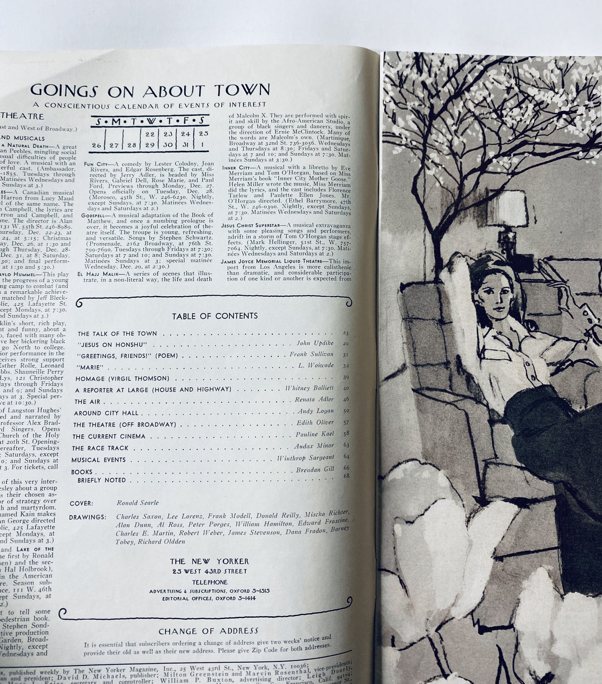 Interior page of The New Yorker Magazine December 25, 1971 showing the Table of Contents and an illustration, highlighting notable features of the issue.