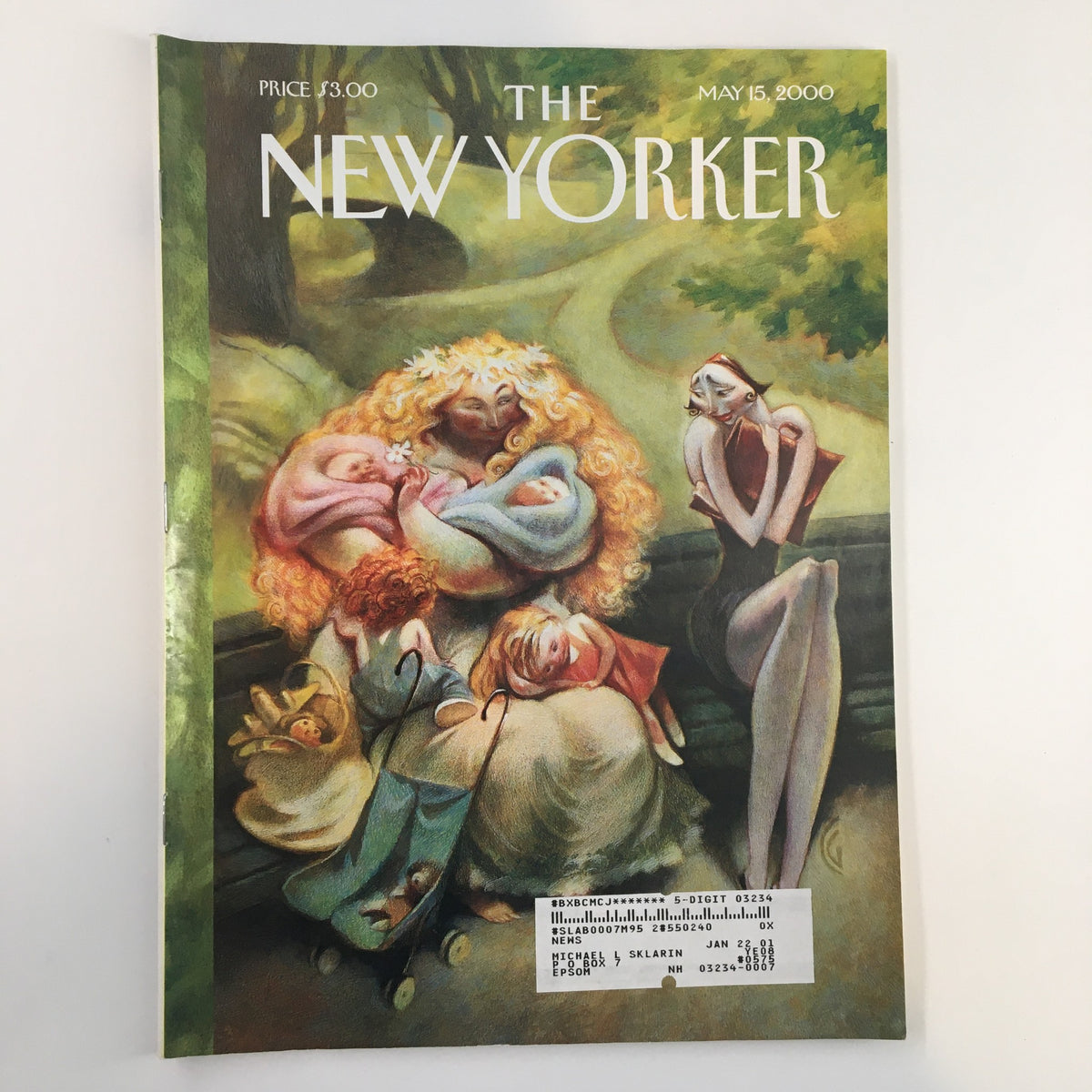 Cover of The New Yorker Full Magazine May 15 2000 featuring whimsical artwork titled Mother Nature by Carter Goodrich, depicting a motherly figure surrounded by children in a serene nature setting.