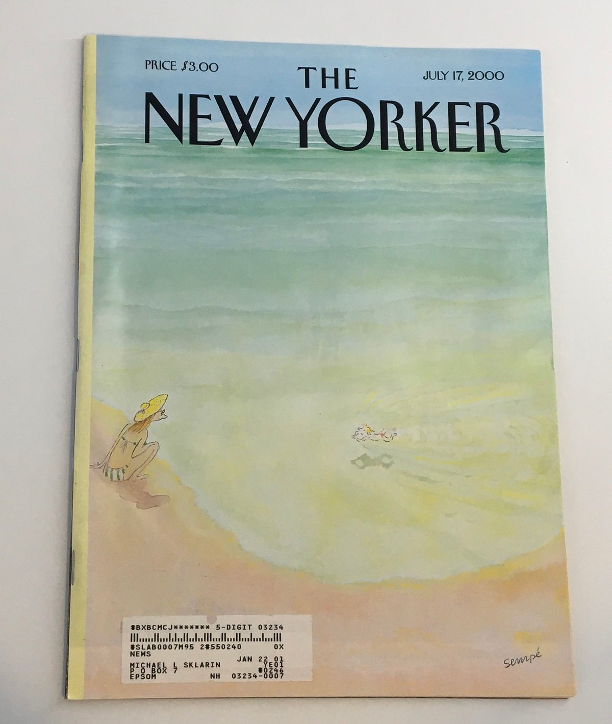 Cover of The New Yorker Full Magazine July 17, 2000 featuring artwork by J.J. Sempé, depicting a serene beach scene.