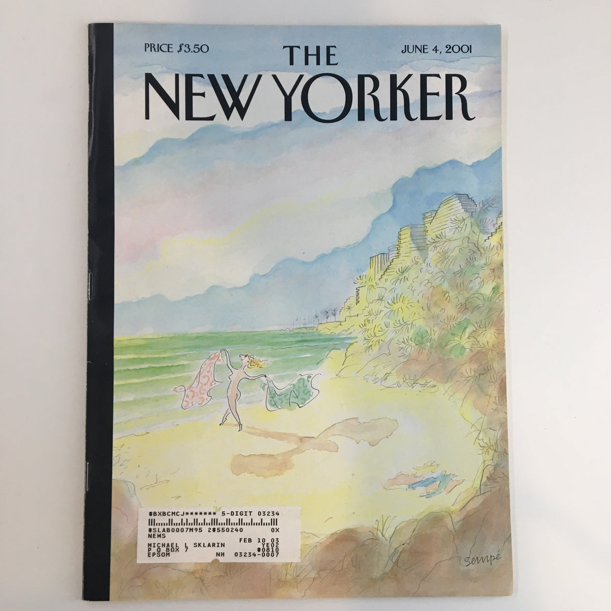 Cover of The New Yorker Full Magazine June 4 2001 featuring artwork by Jean Jacques Sempe, depicting a serene beach scene with figures and lush greenery.