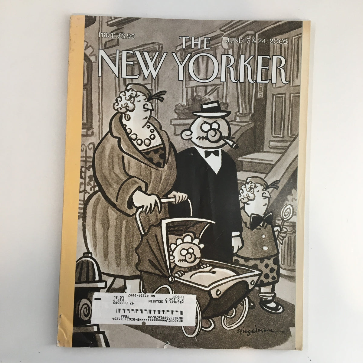 Cover of The New Yorker Full Magazine June 17 2002 featuring cover art titled Central Park Goodbye by Art Spiegelman, showcasing characters in a vintage scene.