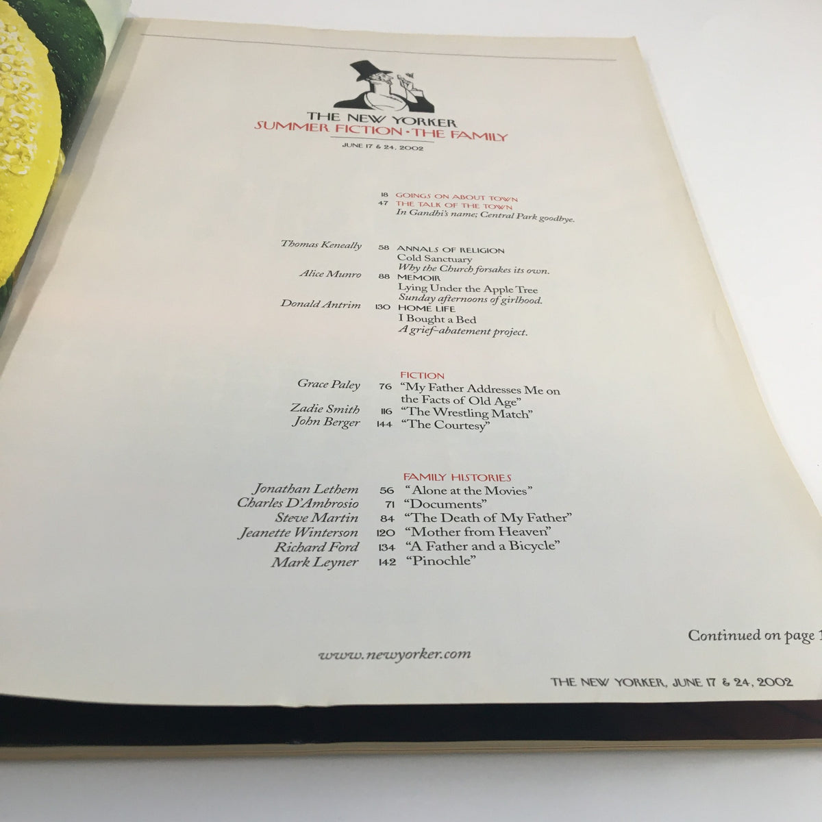 Interior page from The New Yorker Full Magazine June 17 2002 featuring a table of contents with titles and authors listed.