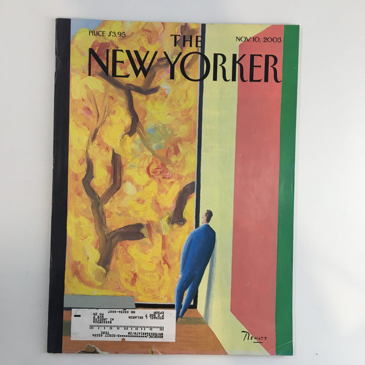 The New Yorker Full Magazine November 10 2003 with cover artwork depicting a figure in front of colorful autumn leaves and the magazine title prominently displayed.