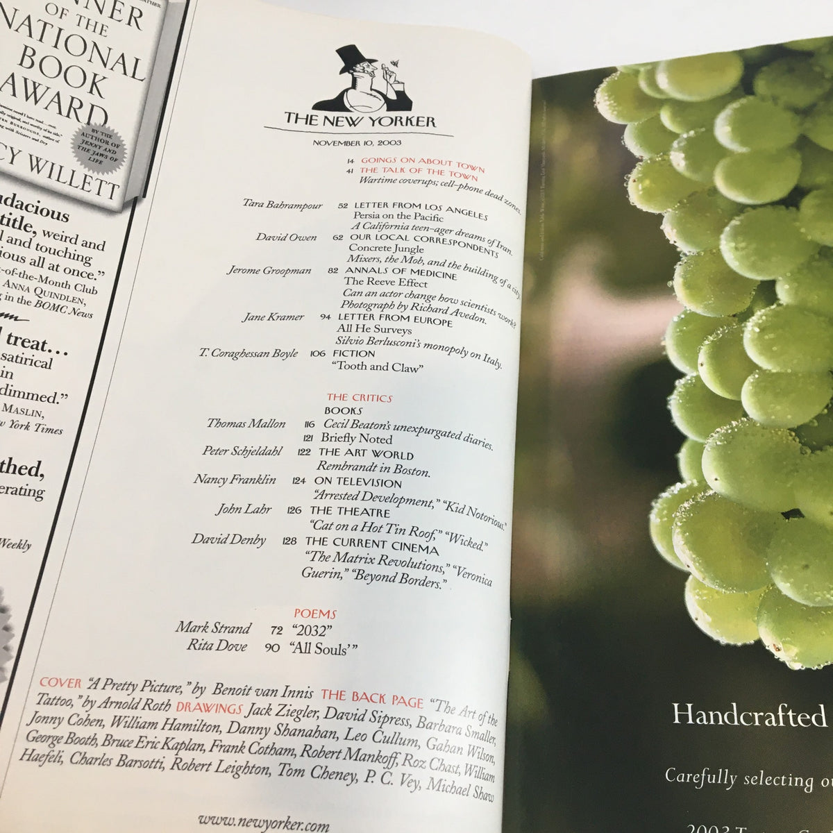 Interior view of The New Yorker magazine, November 10, 2003 issue titled 'A Pretty Picture' by Benoit van Innis, featuring handwritten poetry and article titles on a page with a close-up of green grapes.