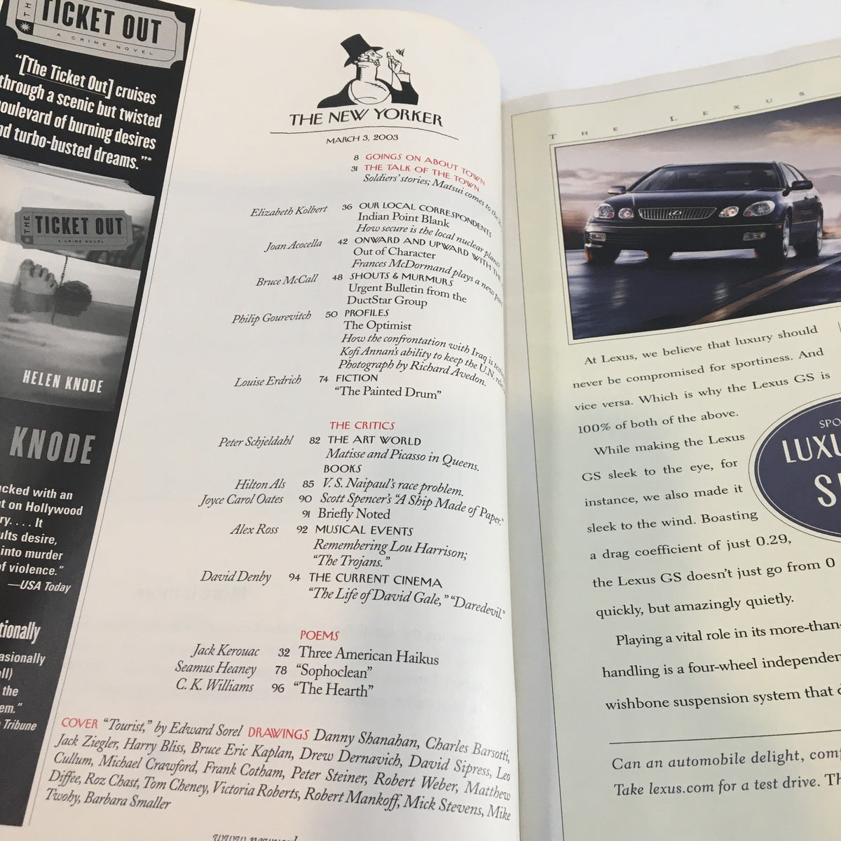 Interior view of The New Yorker magazine, March 3, 2003, showcasing an article layout with sections for critics, poems, and a cover feature on the artwork 'Tourist' by Edward Sorel.