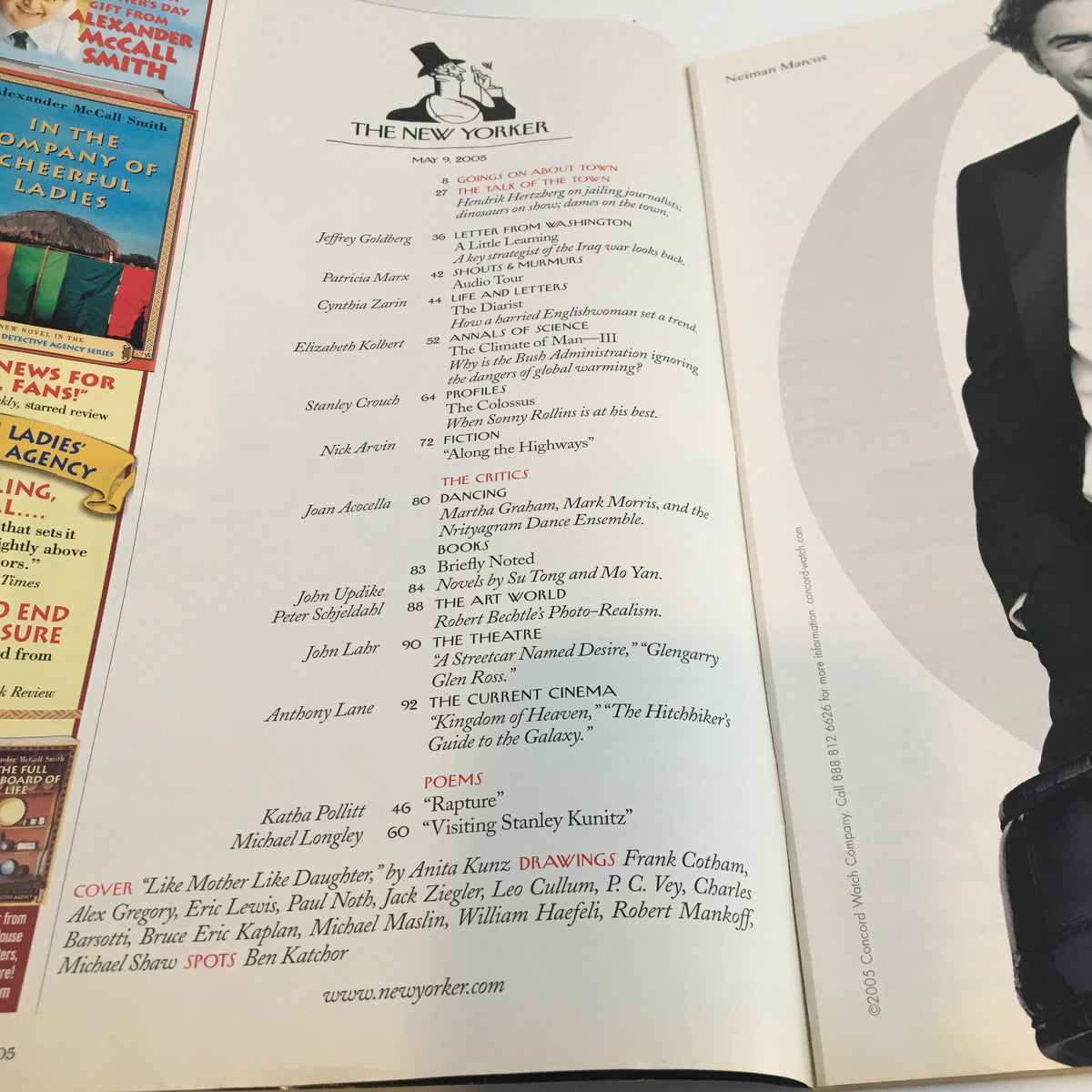 Interior page showcasing the table of contents from The New Yorker Full Magazine May 9 2005, featuring the cover art 'Like Mother Like Daughter' by Anita Kunz.