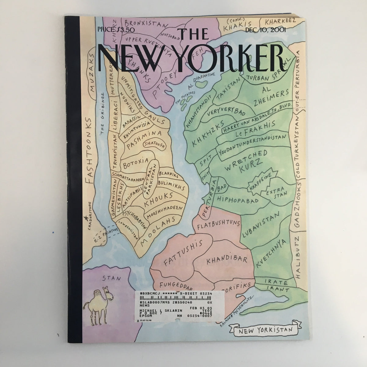 The New Yorker Full Magazine December 10, 2001 featuring the cover illustration 'New Yorkistan' by Maria Kalman, showcasing a colorful map representation of New York City with whimsical locations and cultural references.