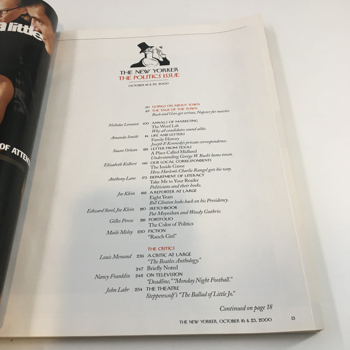 Interior page of The New Yorker Full Magazine from October 16, 2000, displaying the contents of the issue, highlighting notable articles and contributors.