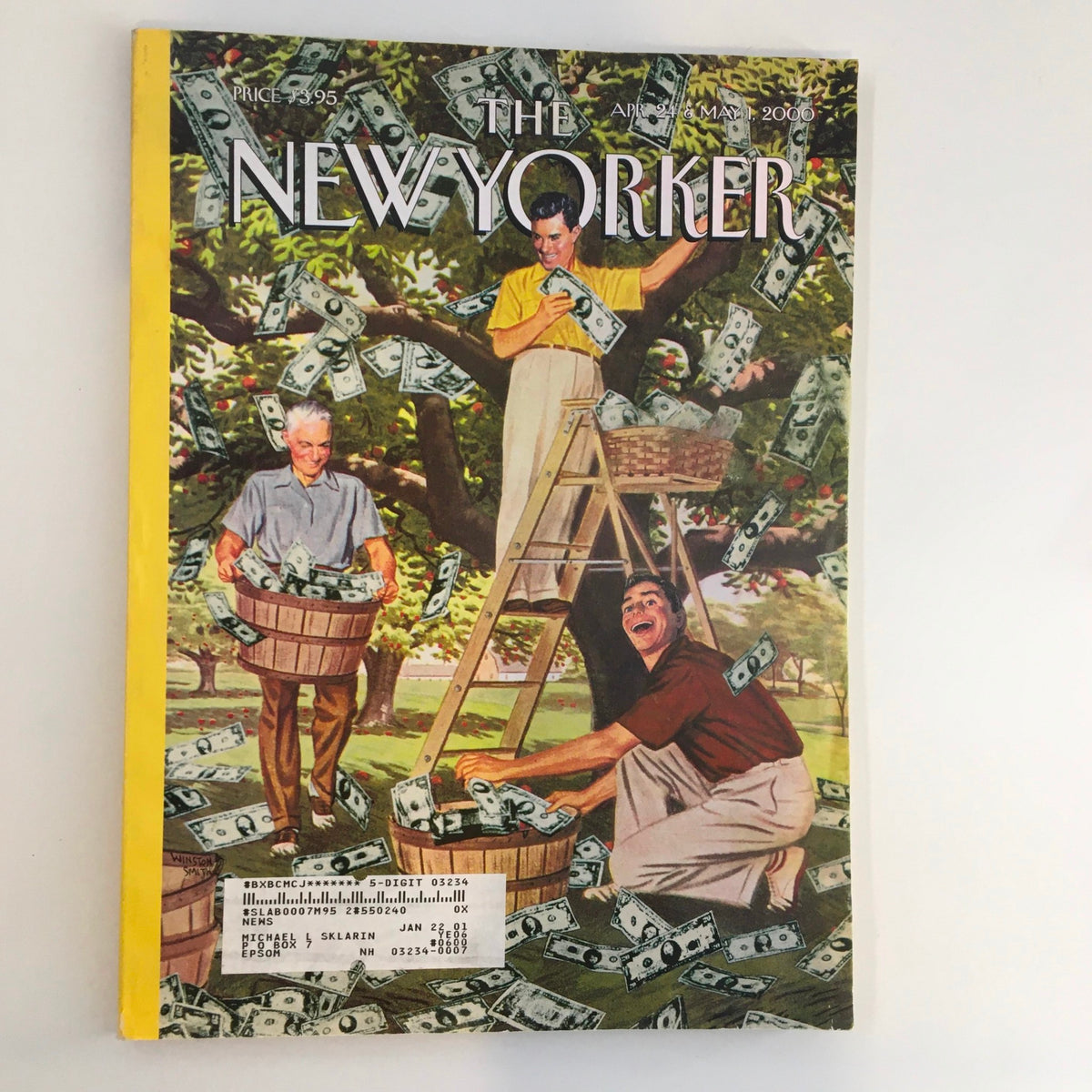 The New Yorker Full Magazine April 24 2001 cover featuring the captivating illustration of people working with money surrounded by dollar bills, representing the cover story "The Money Tree" by Winston Smith.