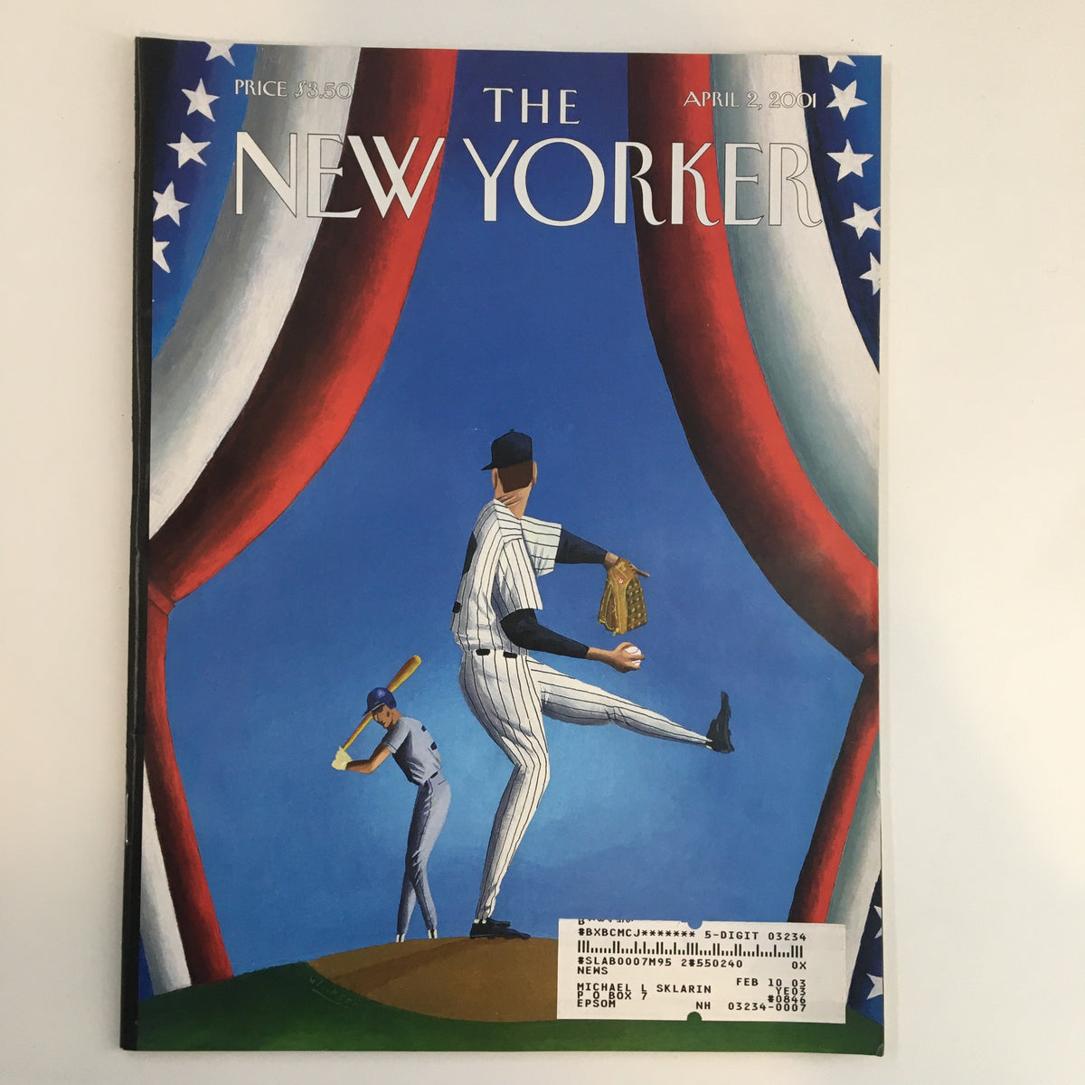 Cover of The New Yorker Full Magazine April 2 2001 featuring an illustration by Mark Ulriksen, celebrating Opening Day with a baseball theme and vibrant colors.