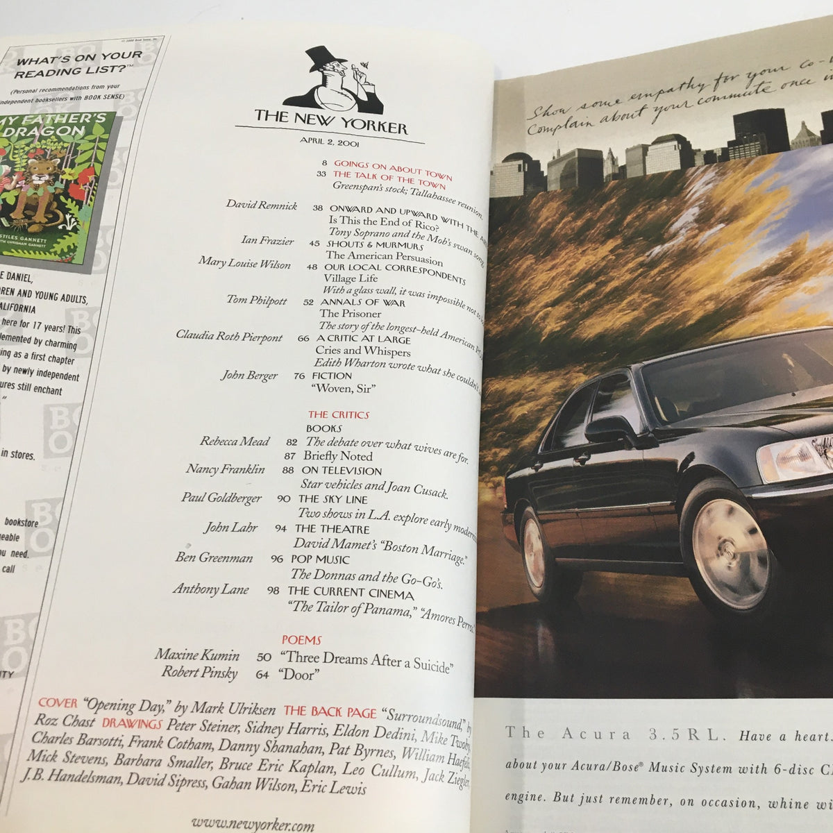 Interior page of The New Yorker Full Magazine April 2 2001 showcasing articles and content related to sports and culture, including commentary and features from notable writers.
