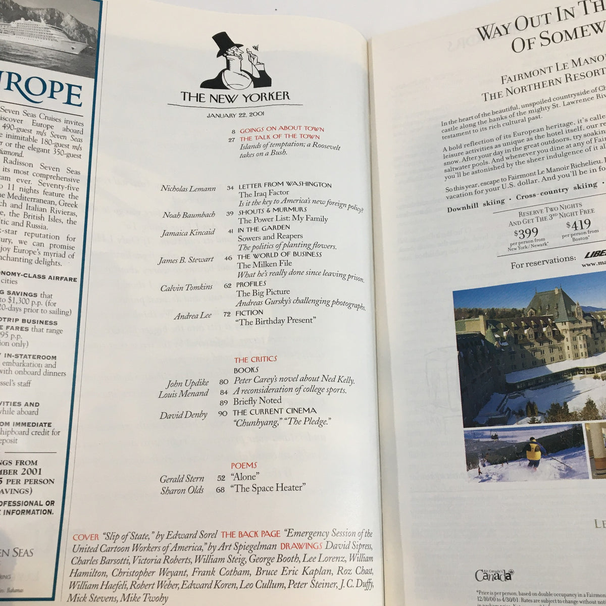 Interior page of The New Yorker Magazine January 22 2001 showing the table of contents, highlighting notable articles and features in the issue.