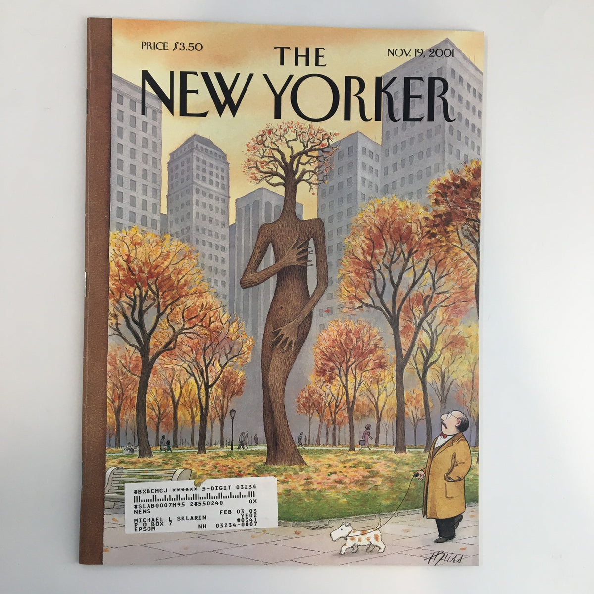 Cover of The New Yorker Full Magazine November 19 2001 featuring the artwork "Exposed" by Harry Bliss, depicting a stylized tree figure surrounded by autumn scenery and a man walking a dog.