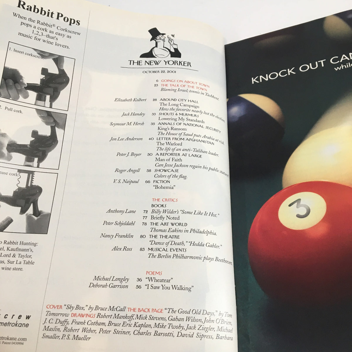 Interior page of The New Yorker Full Magazine October 22 2001, featuring an article listing with various contributors and the title 'Knock Out Call' alongside the illustration of a billiard table.