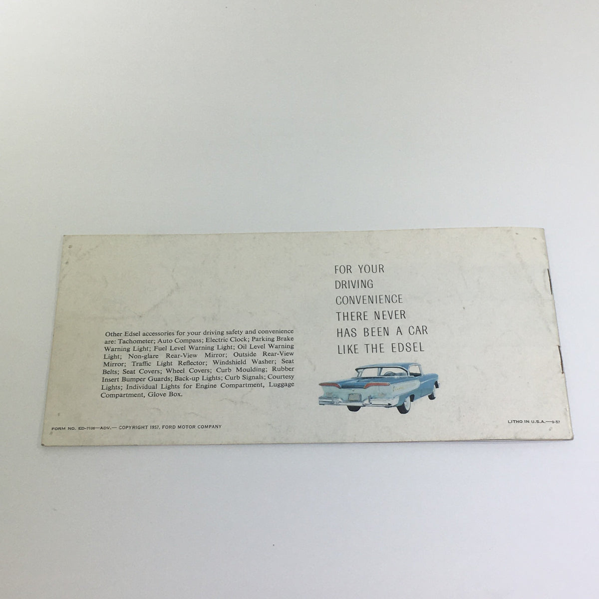 Back cover of the Vintage 1958 Ford Edsel Car dealer Catalog Brochure, listing driving convenience features alongside an illustration of the Edsel car.