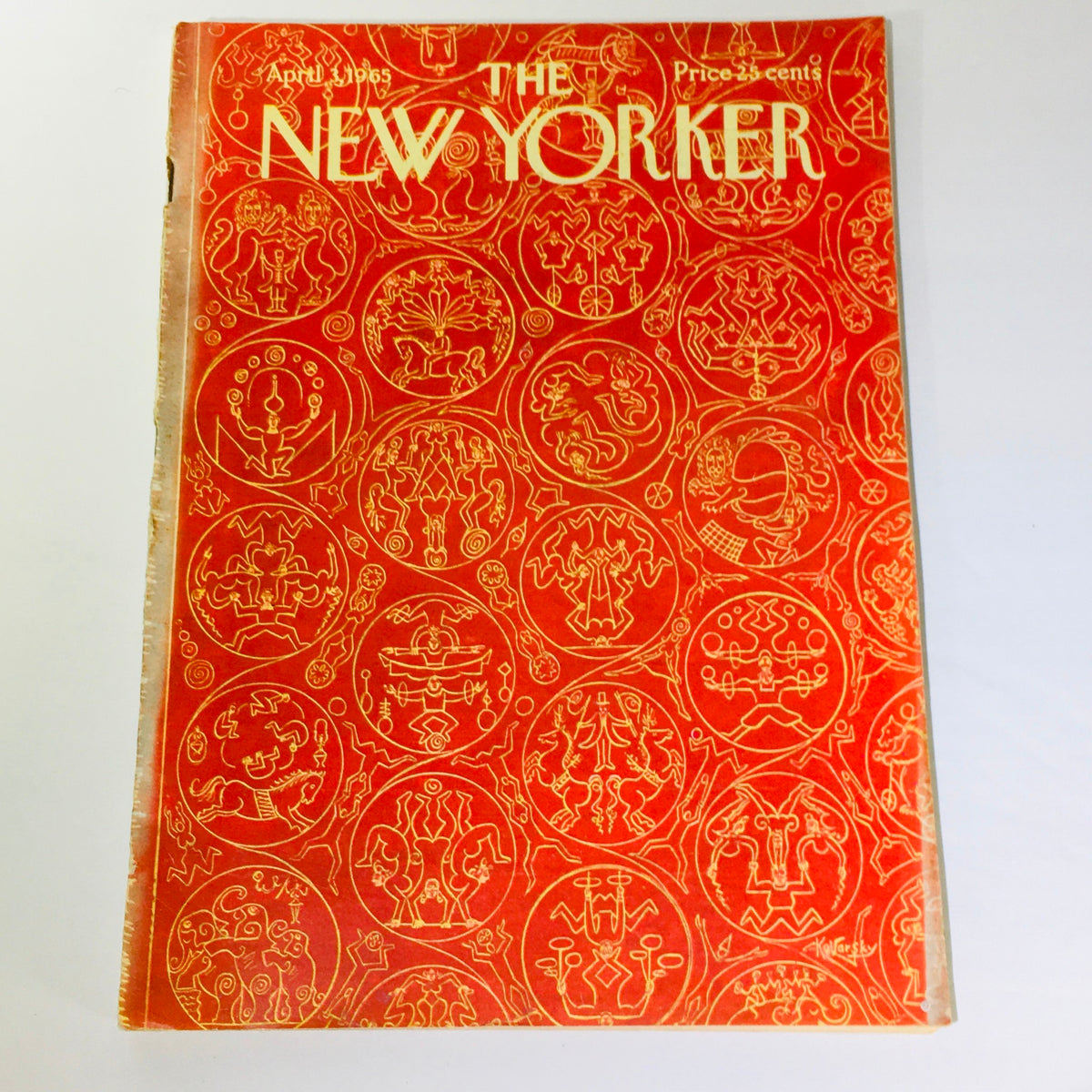 The New Yorker: April 3 1965 Full Magazine Cover featuring artwork by Anatol Kovarsky, showcasing intricate red designs and illustrations.