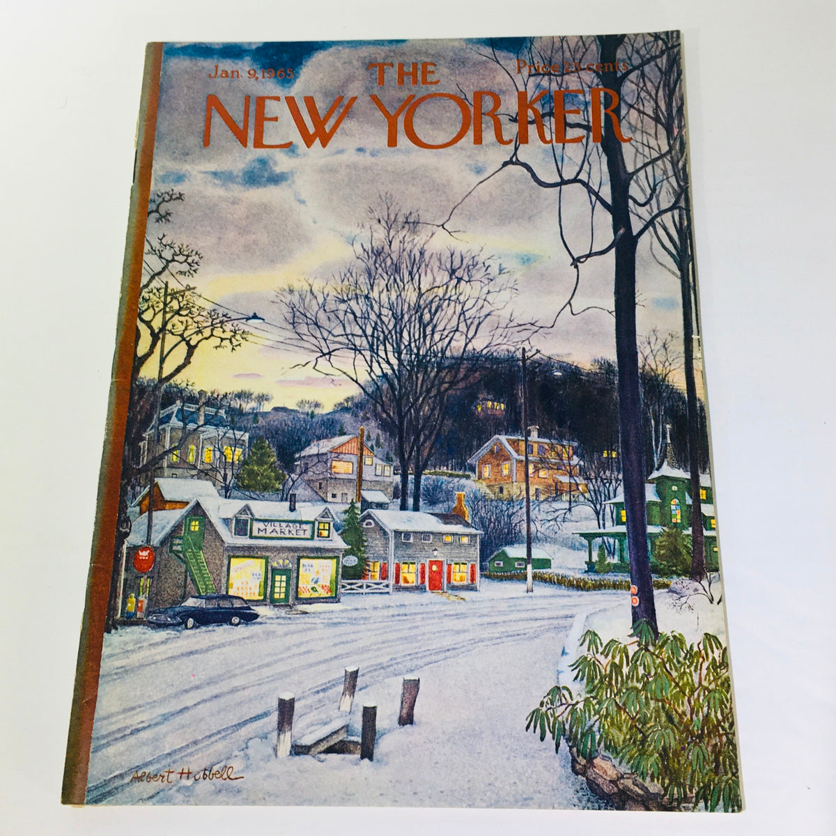 The New Yorker January 9 1965 full magazine cover featuring a winter scene with snow-covered market and houses painted by Albert Hobbell.