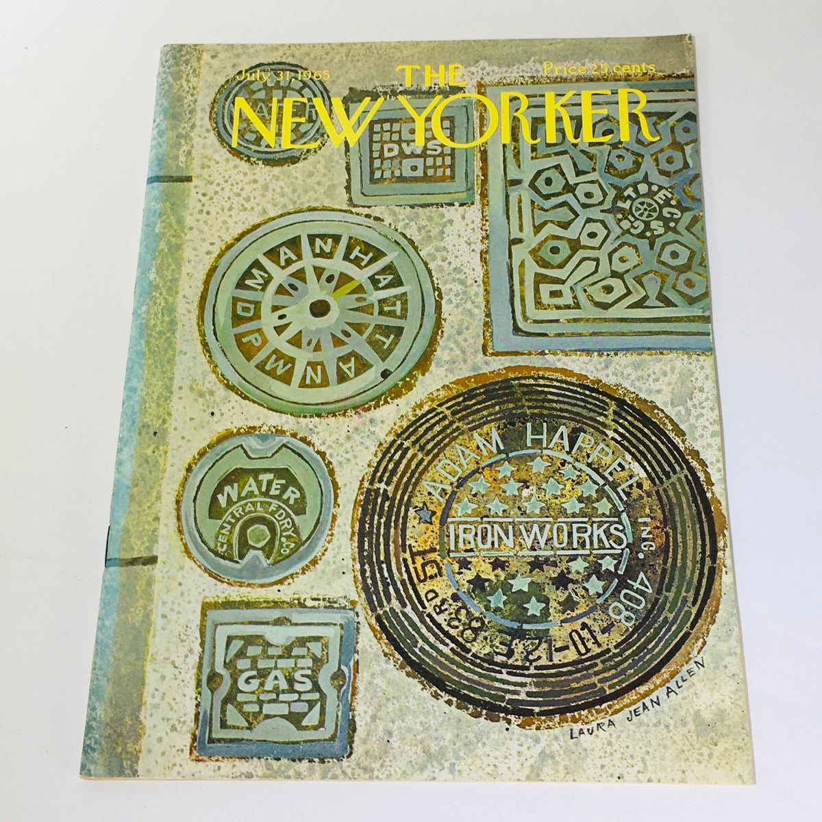 Cover of The New Yorker magazine from July 31, 1965, featuring a theme cover by Laura Jean Allen, showcasing artistic imagery of manhole covers and urban elements.