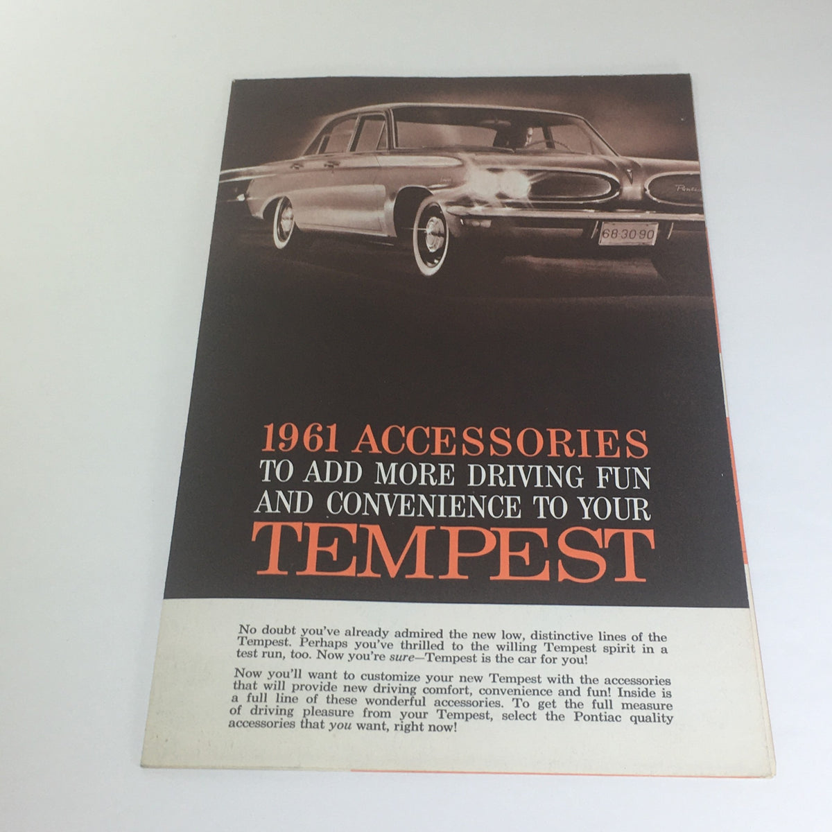 Vintage 1961 Full Line Accessories for Pontiac Tempest Car Catalog Brochure cover showcasing driving fun and convenience for the Pontiac Tempest.
