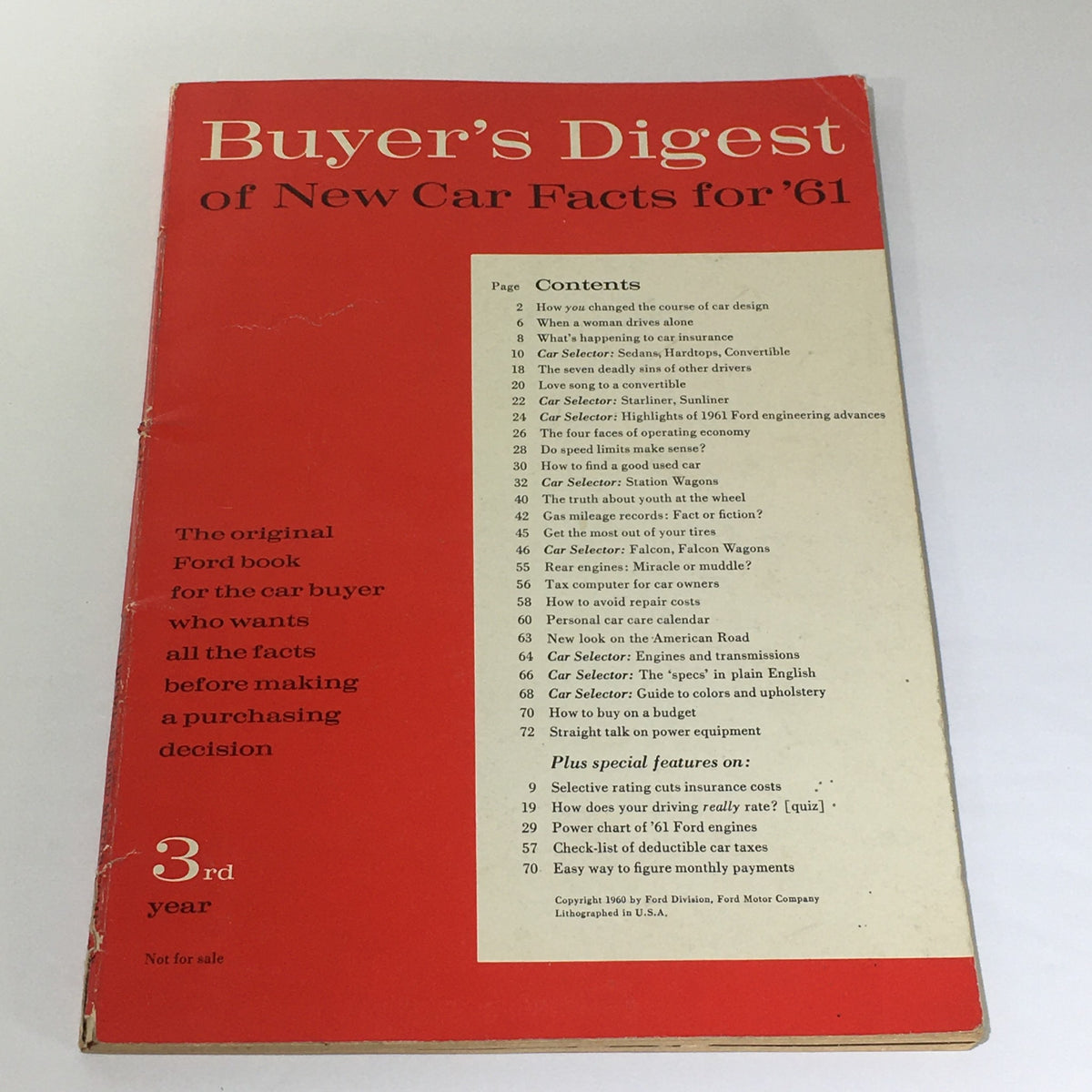 Cover of Vintage 1961 3rd Year of Buyer's Digest of New Car Facts Car Catalog Brochure, featuring contents list and promotional text.