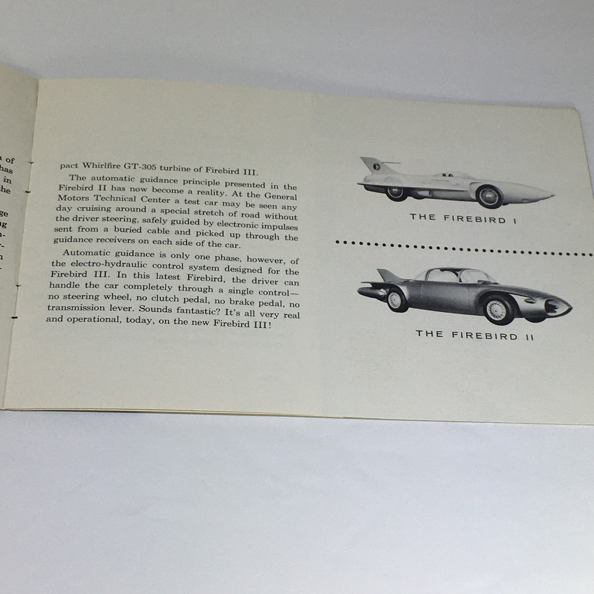Inside spread of the Vintage The New Firebird III - Fire I & II Electro-Hydraulic Control Car Catalog showcasing illustrations of the Firebird I and Firebird II.