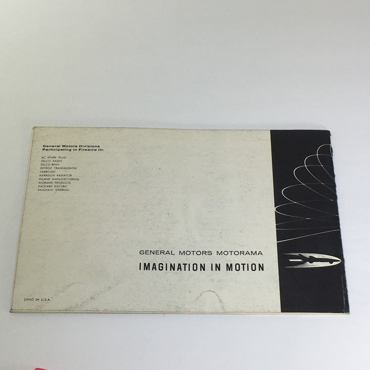 Back cover of the Vintage The New Firebird III - Fire I & II Electro-Hydraulic Control Car Catalog highlighted by additional details and the tagline 'Imagination in Motion'.