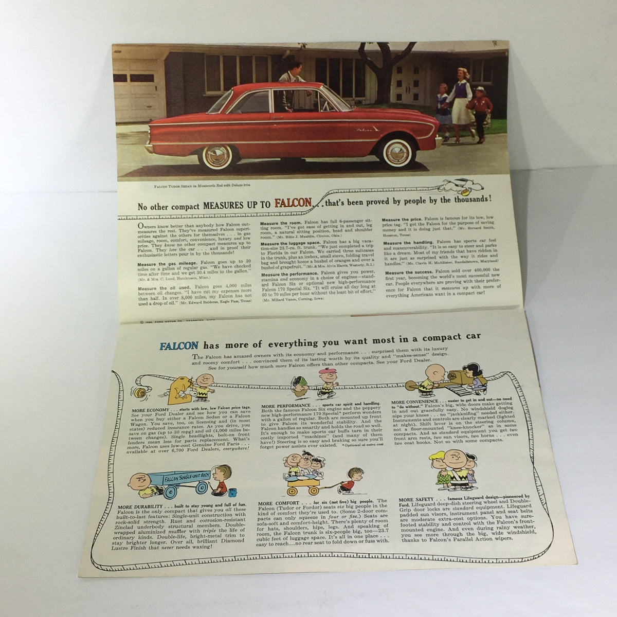 Inside spread of Vintage 1961 Ford Falcon Compact Car 2-Door Sedan brochure, displaying promotional text and images highlighting the car's features and benefits.