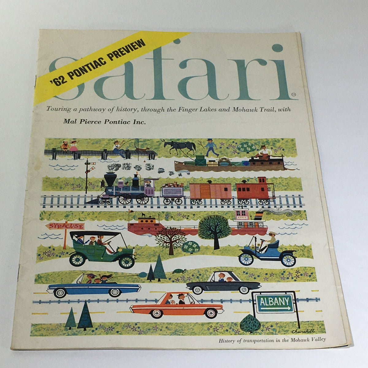 Vintage 1962 Pontiac Review America's #1 Road Car Bonneville-Safari Car Catalog cover showcasing illustrated transport history with cars, trains, and scenic landscapes.