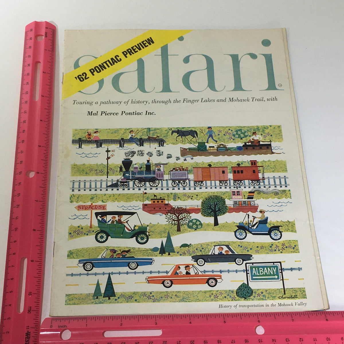 Vintage 1962 Pontiac Review America's #1 Road Car Bonneville-Safari Car Catalog with a colorful illustration depicting a historic journey through the Finger Lakes and Mohawk Trail, presented by Mal Pierce Pontiac Inc.
