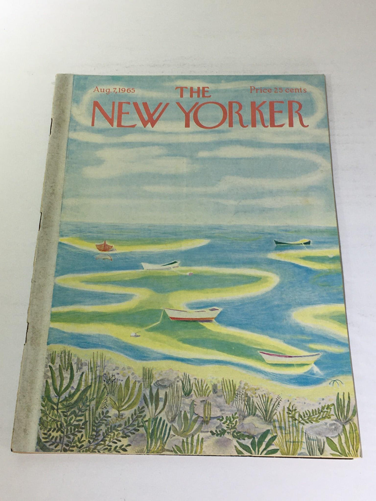 Cover of The New Yorker magazine, August 7, 1965, featuring a scenic illustration of water and boats, designed by Ilonka Karasz, priced at 25 cents.