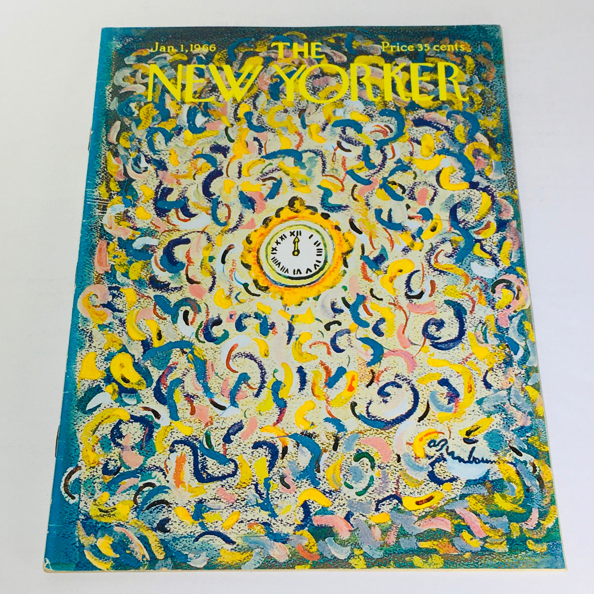 Cover of The New Yorker magazine from January 1, 1966, featuring a colorful, abstract design with swirls of yellow, pink, and blue. The cover prominently displays 'The New Yorker' title and a clock in the center. This full magazine cover is designed by Abe Birnbaum.