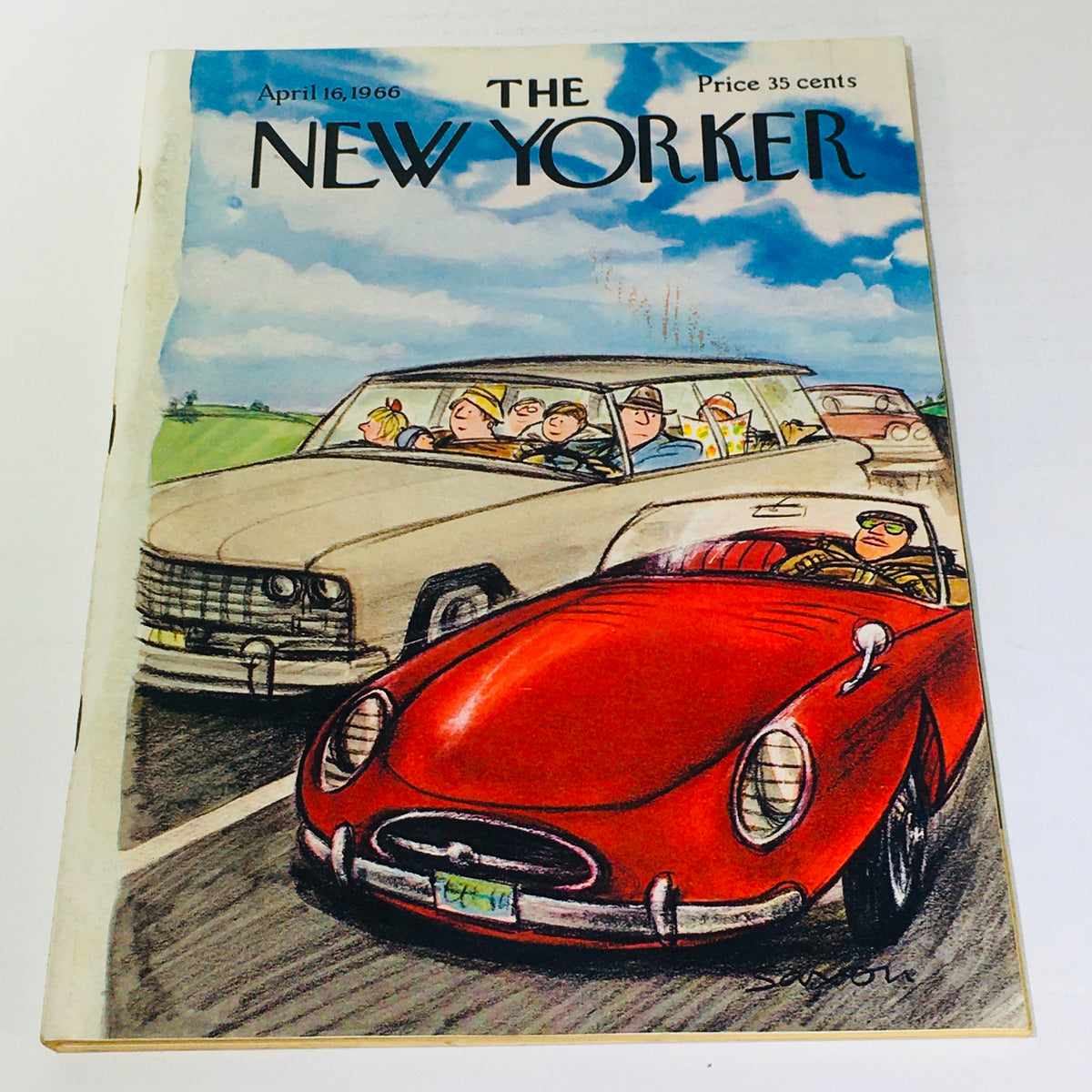 The New Yorker: April 16 1966 Full Magazine cover featuring an illustration by Charles Saxon, showcasing a red convertible car alongside a vintage car with passengers enjoying the ride on a sunny day.