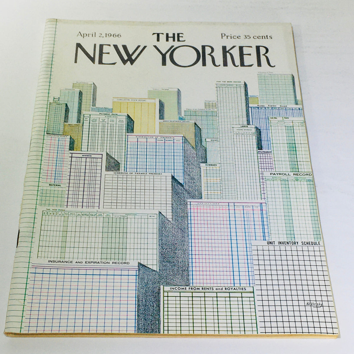 Cover of The New Yorker magazine from April 2, 1966 featuring a colorful graphic design depicting a city skyline with various charts and grid patterns, titled 'The New Yorker: April 2 1966 Full Magazine/Theme Cover Anatol Kovarsky'.