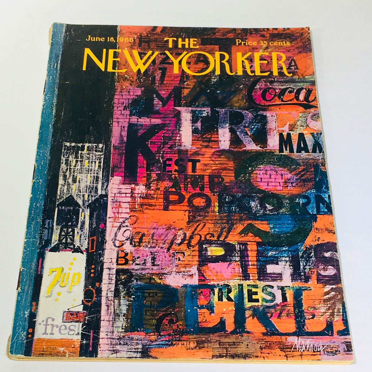 The New Yorker: June 18 1966 Full Magazine Cover featuring vibrant urban advertising artwork by Kenneth Mahood, showcasing nostalgic visual elements from the era.