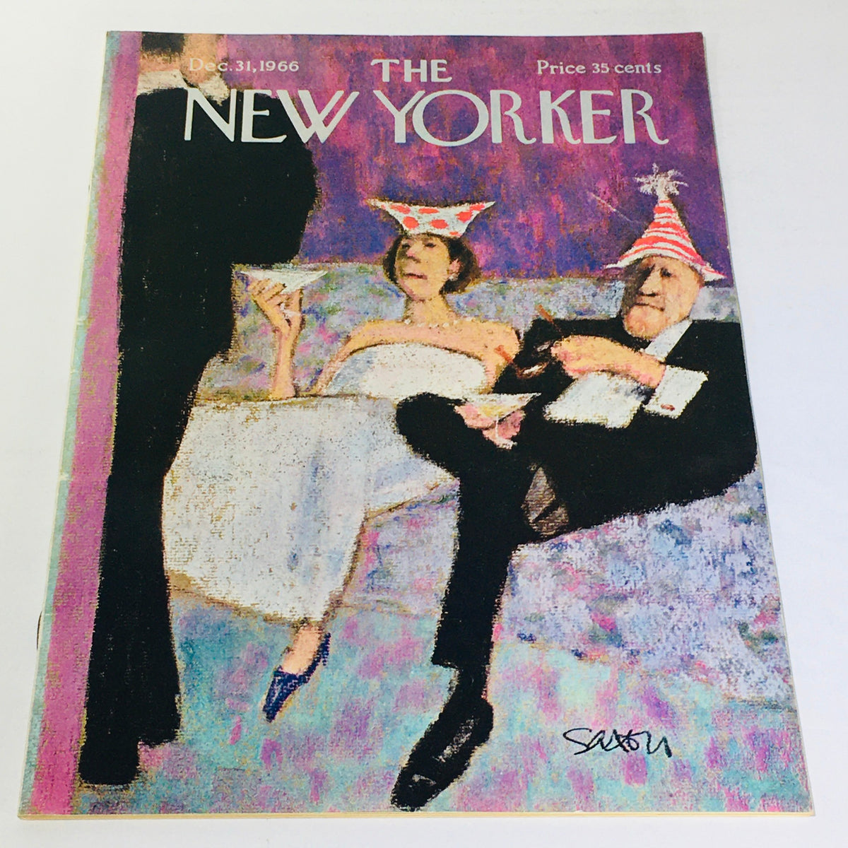 Cover of The New Yorker: December 31, 1966 featuring artwork by Charles Saxon depicting elegantly dressed individuals celebrating New Year's Eve.