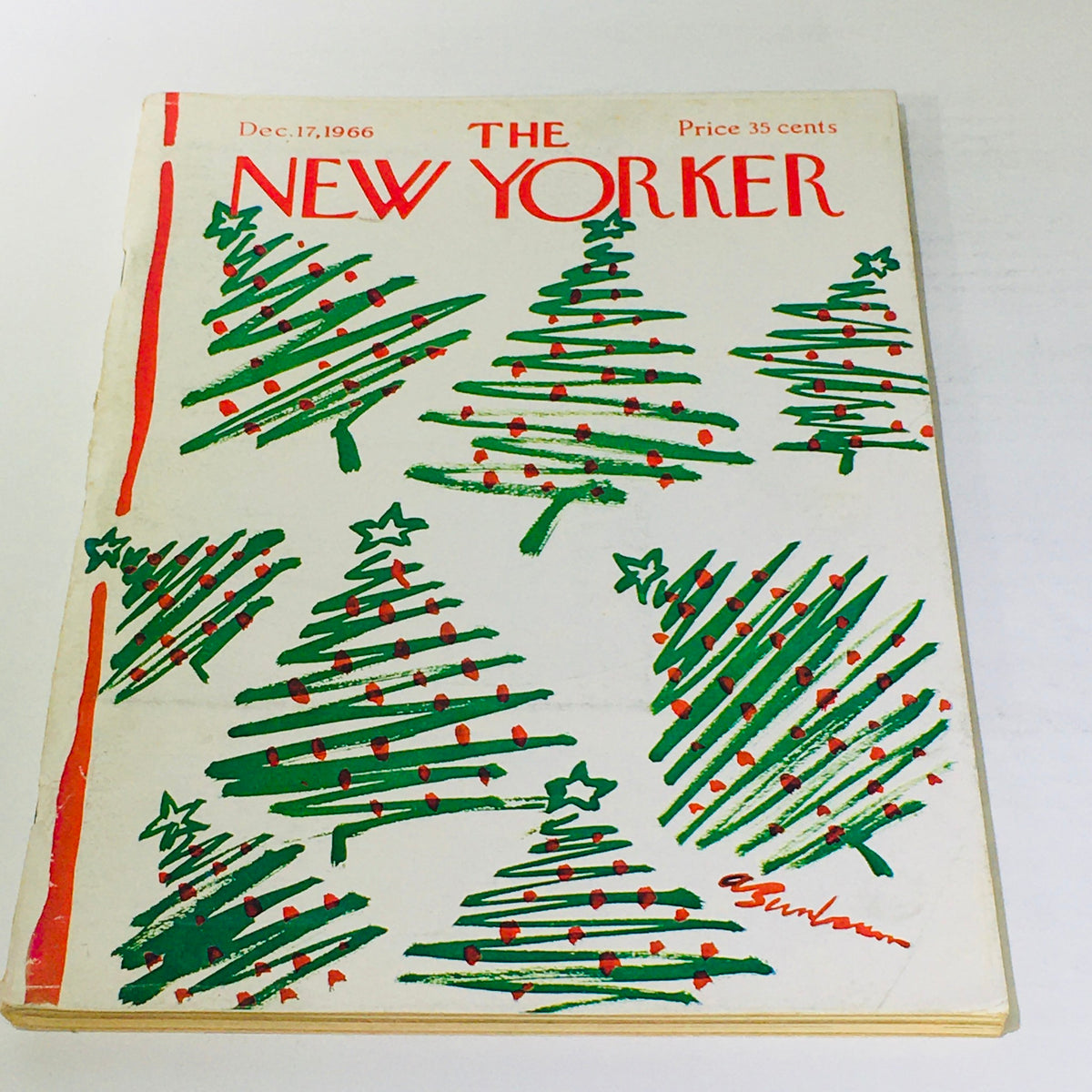 Cover of The New Yorker magazine dated December 17, 1966, featuring a festive design of Christmas trees in green with red ornaments, created by artist Abe Birnbaum.