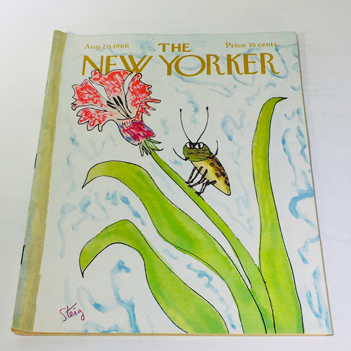 The New Yorker: August 20, 1966 cover featuring whimsical illustration by William Steig of a flower and a grasshopper, highlighting the artistic flair of vintage magazines.