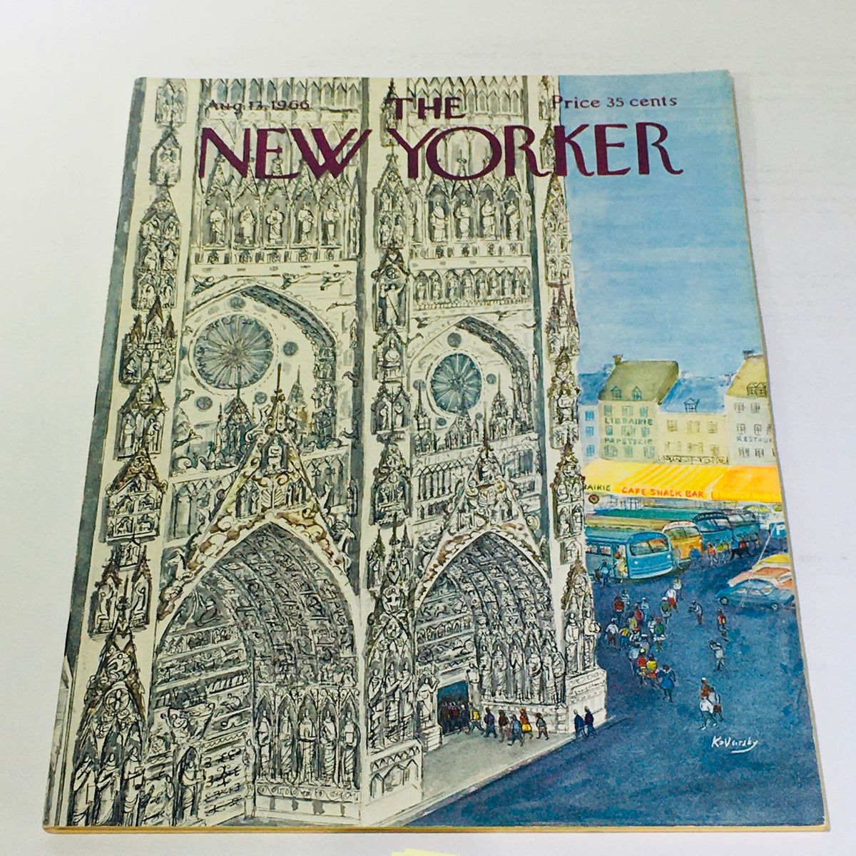 Cover of The New Yorker magazine from August 17, 1966, featuring an illustration by Anatol Kovarsky showcasing intricate architectural details and street scene.